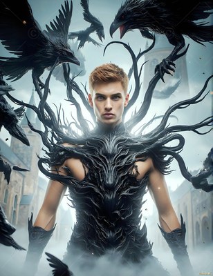 Spiky black armor covers a young man in a foggy castle courtyard as black ravens fly overhead