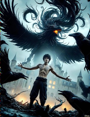 Before a stone castle, a shirtless man summons large black ravens into the sky
