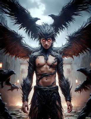 Black feather armor covers a man standing in a stone courtyard flanked by ravens