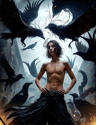 Standing with hands on his hips, a bare-chested young man poses by flying black ravens