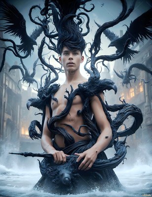 In a flooded courtyard, a bare-chested young man stands wrapped in black raven vines