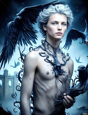Standing outdoors, a shirtless pale man with black ravens landing on his shoulders