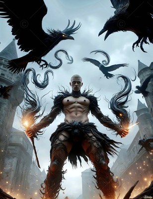 A shirtless man holds two torches while black ravens fly overhead