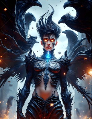 Wild dark hair rises above a man in black bark armor as ravens surround him in a foggy stone hall