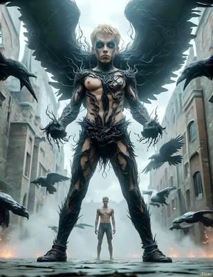 A winged man poses standing over another man as black ravens fly in pale gray mist