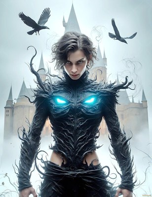 Facing forward outside a castle, a man in black armor stands under ravens