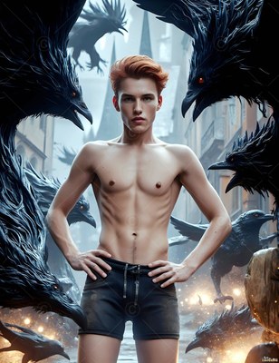 A shirtless young man with red hair stands in black shorts surrounded by black ravens