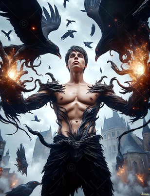 Outside a castle, a shirtless man raises his arms as black ravens fly overhead