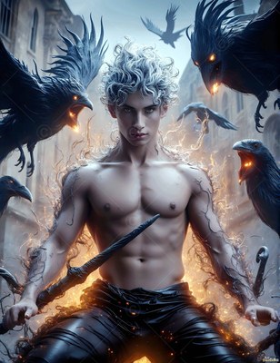 Kneeling with a dagger, a shirtless man with silver hair summons dark ravens in courtyard firelight