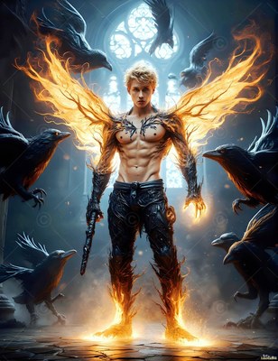 Fiery wings spread from a blond shirtless man standing among black ravens inside a stone hall