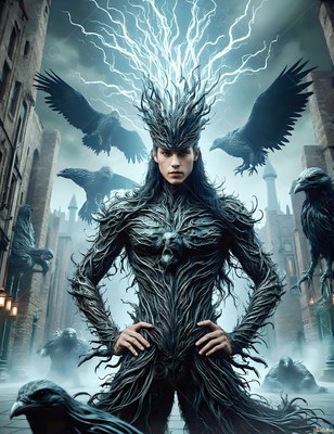 A man poses standing among flying ravens with white lightning crackling behind his spiky crown