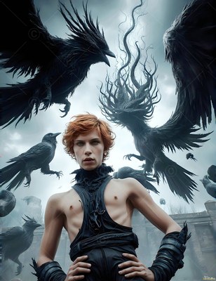 Standing hands on hips, a red-haired man is encircled by flying black ravens outdoors