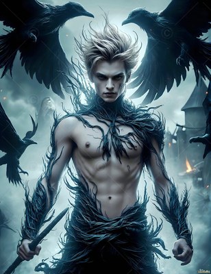 Standing in the mist, a bare-chested man in black feathers is flanked by large ravens