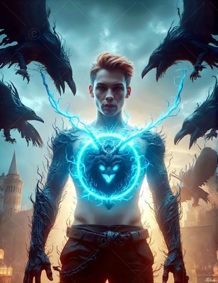 Bare-chested man with blue chest energy surrounded by ravens
