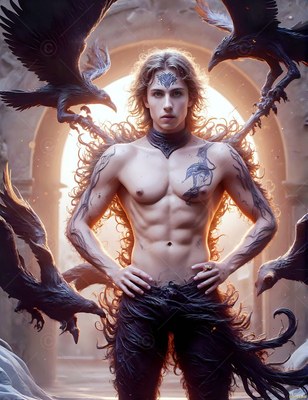 Black tattoos mark a shirtless man who stands with hands on his hips under a stone arch as black ravens fly around him