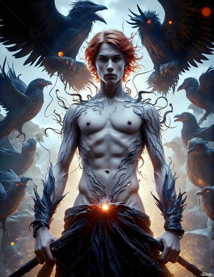 A shirtless man stands surrounded by large black ravens under pale blue light