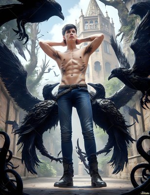 Standing outdoors by a stone tower, a shirtless man rests hands on head among black ravens