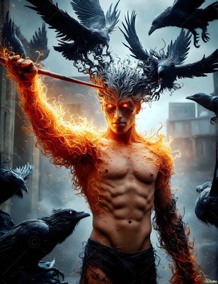 A bare-chested man with fiery arms raises a wand surrounded by black ravens