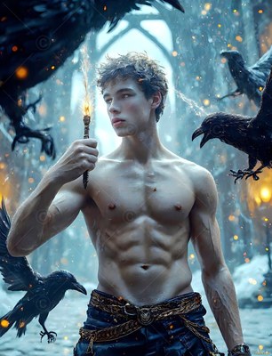 Holding a small flaming wand, a shirtless young man stands as black ravens fly by him