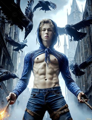 A shirtless man in blue sleeves stands surrounded by flying black ravens