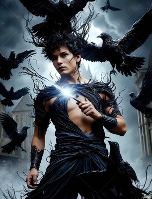 Wearing a torn black wrap before a castle courtyard, a young man carries a wand as black ravens circle