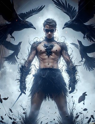 A shirtless man stands surrounded by flying black ravens in pale gray fog
