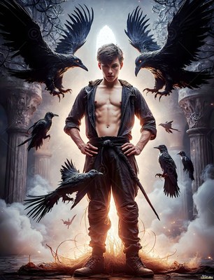 Standing bare-chested, a young man in dark clothes is surrounded by black ravens in a stone hall