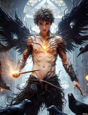 With black feather wings in a stone hall, a shirtless man holds a lit wand beside several dark ravens