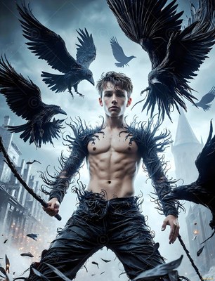 Standing low angle in a castle courtyard, a shirtless young man grips black ravens aloft