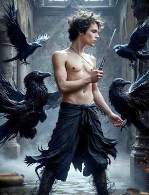 A shirtless young man clasps a small blade surrounded by black ravens in a stone hall