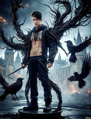 A man with black feather wings stands outside with ravens