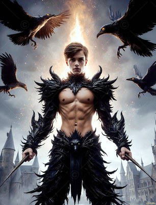 A man in black armor holds two daggers as ravens fly past him under bright yellow flames