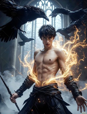 In a stone hall, a shirtless young man controls bright fire near black ravens