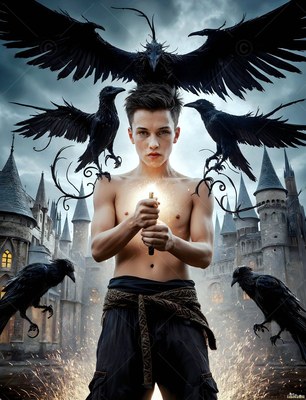 Holding a small light, a shirtless young man stands outside a castle surrounded by black ravens