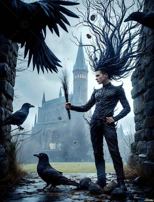 Wild black hair floats upward from a pale man holding a whisk broom by stone walls and ravens