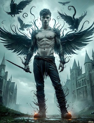 A shirtless winged man holds a dagger outside a castle with black ravens flying
