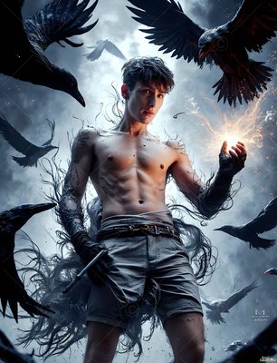 Holding bright fire in his hand, a shirtless young man stands encircled by black ravens