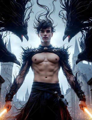 A shirtless man holding two light wands stands beside large ravens