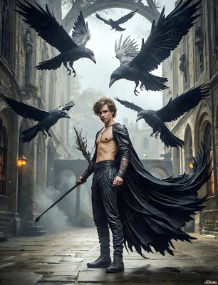 A bare-chested man in a black cloak holds a staff as black ravens fly around him