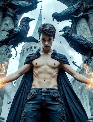 At a castle archway, a shirtless man in a dark cape stands surrounded by black ravens