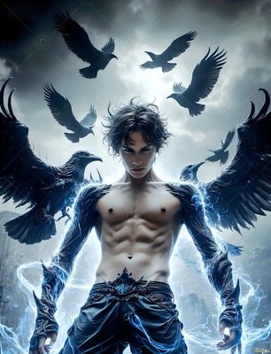 Standing under flying ravens, a shirtless man wears feathered black arm guards