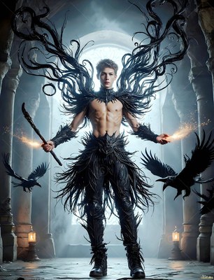 Spiky black feather wings spread behind a shirtless man holding a wand in a stone hall with ravens