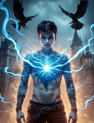 Facing forward at a castle, a shirtless man casts blue light under flying ravens