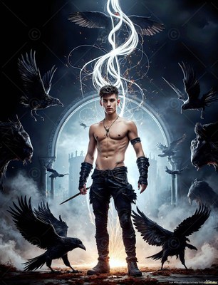 A shirtless man stands surrounded by black ravens under white light swirls