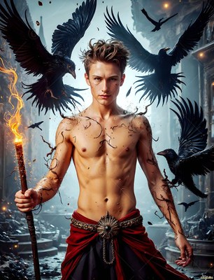 Wearing a red sash, a shirtless man holding a torch stands in a stone courtyard with black ravens flying around him