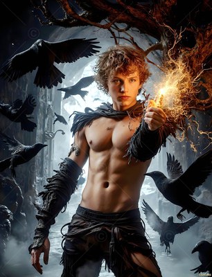 A shirtless man casts yellow sparks from his hand surrounded by flying black ravens