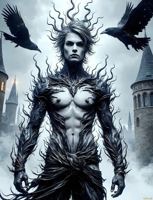 Standing tall before castle towers, a pale man flanked by two black ravens