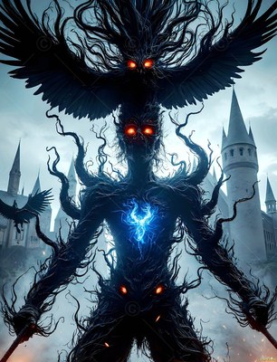 A shadow man made of black vines stands before a castle with a huge dark raven