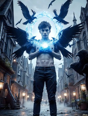 On a foggy town street, a shirtless man holds bright blue light ringed by ravens