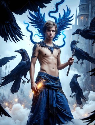 Wearing blue robes, a shirtless young man stands outside a stone castle surrounded by black ravens